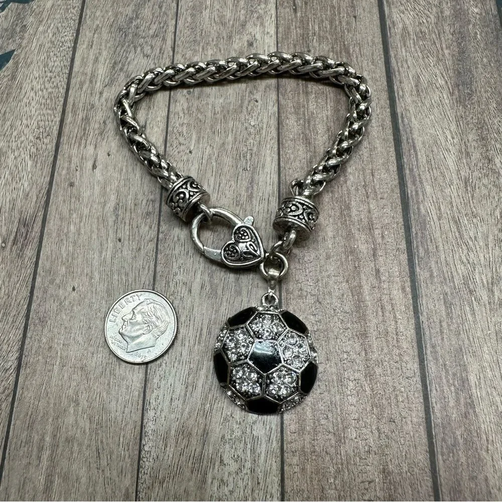 Silver Crystal Enamel Soccer Ball Charm Bracelet ‎ B1